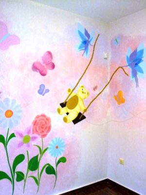 Kids wall art mural Teddy bear & flowers PT002