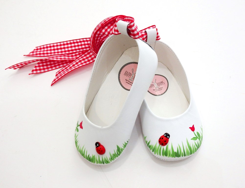 Hand painted handmade baptism baby shoes Ladybug BP066