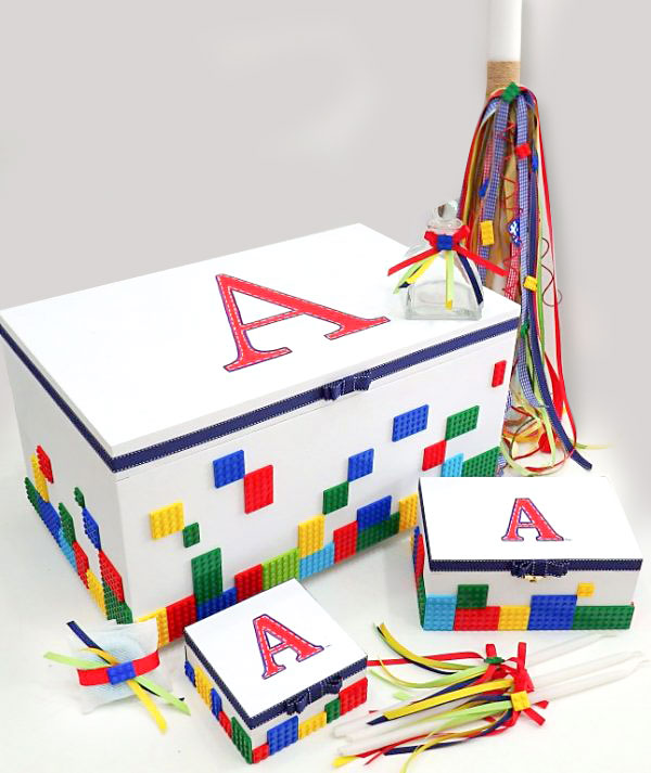 Σετ βάπτισης Lego με αυθεντικά τουβλάκια σε διάφορα χρώματα, για αγόρι και κορίτσι. Με ξύλινο κουτί βάπτισης, ασορτί λαμπάδα και λαδοσέτ