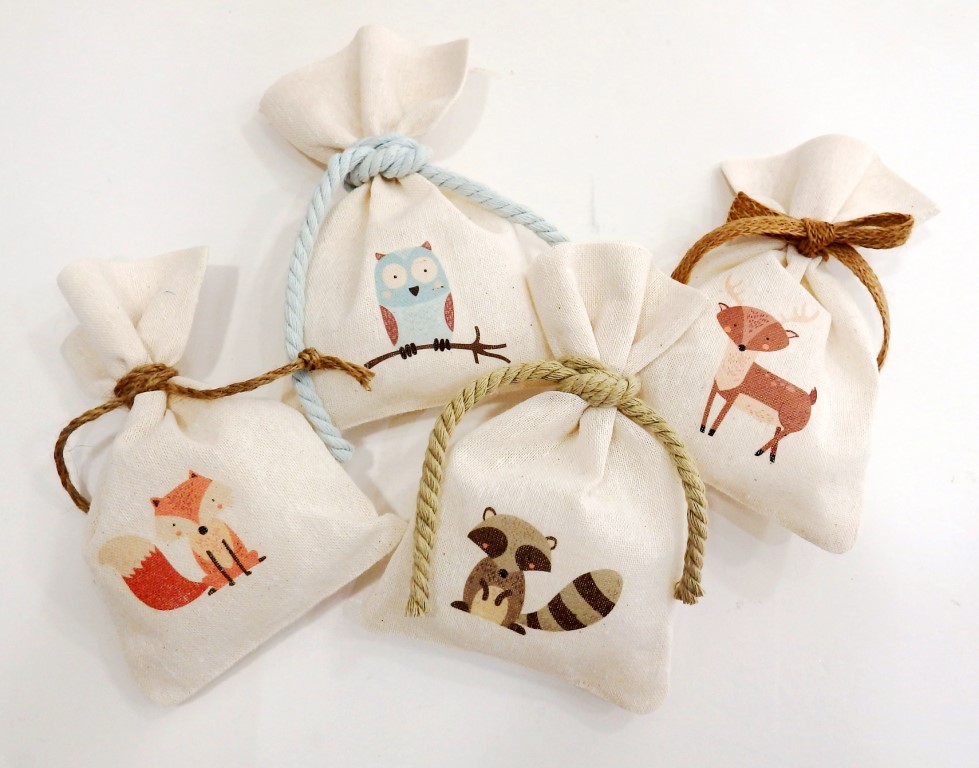 Baptism bomboniere fabric pouch with forest animals BB011