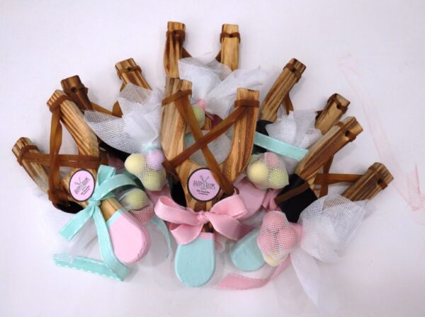 Baptism bomboniere sling wooden toy (mint-pink) BB023