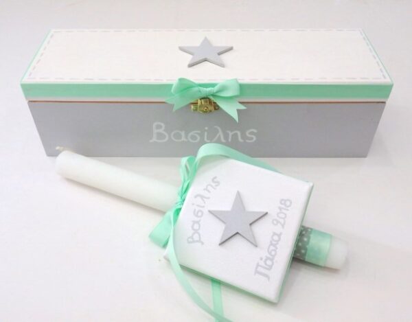 Baby’s Easter candle in a wooden box Star mint-gray PLN002