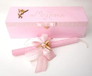 Baby’s Easter candle in a wooden box Pink Heart PLN006