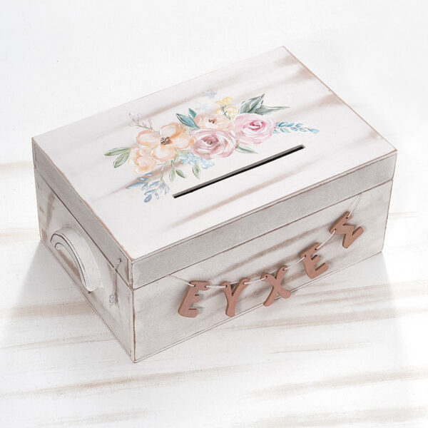 Ξύλινο Κουτί Ευχών Γάμου Λουλούδια
